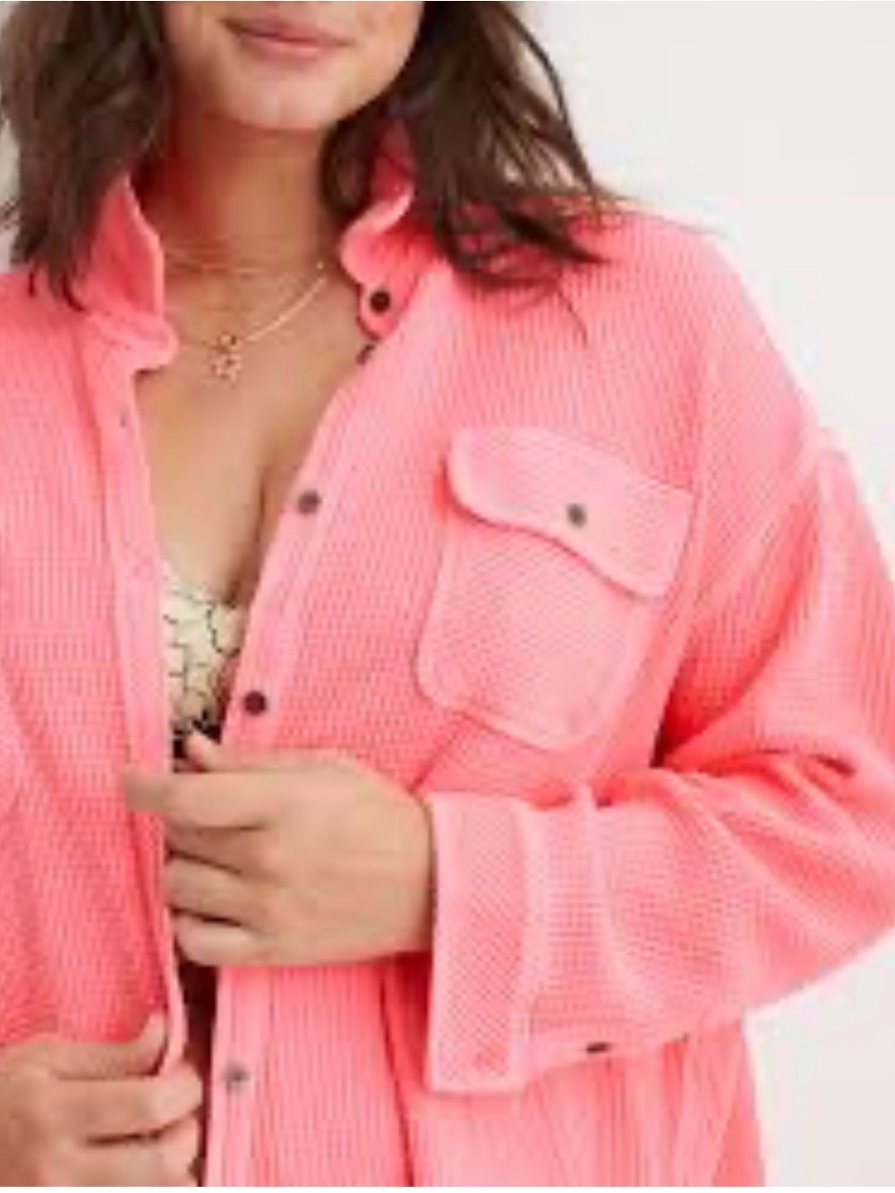 Aerie Lumberjane Button Front Waffle Shirt Sz XXL Trendy Pink Bright